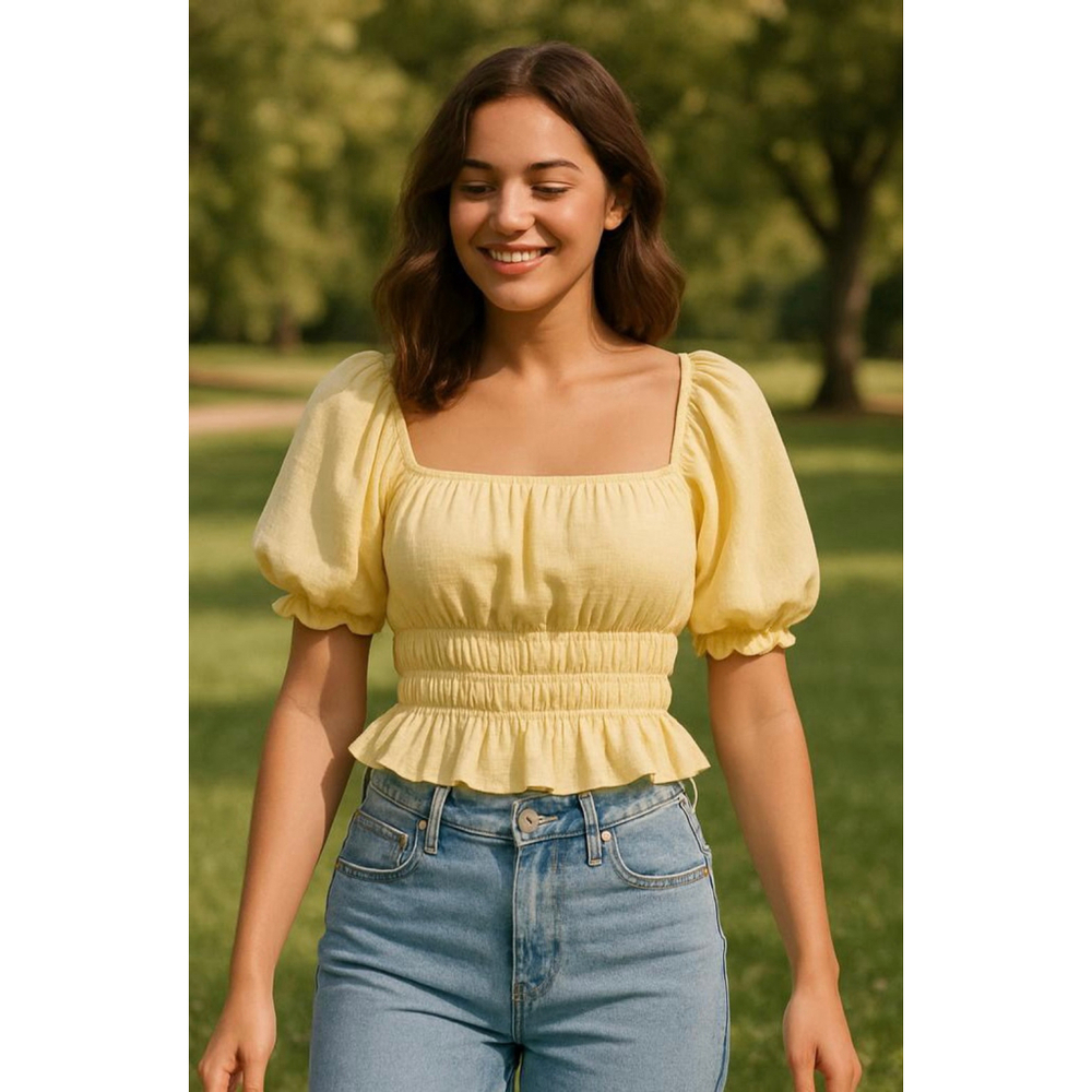 Forever 21 Women's Top Small Yellow Linen Blend Puffed Sleeves Babydoll Peasant‎
